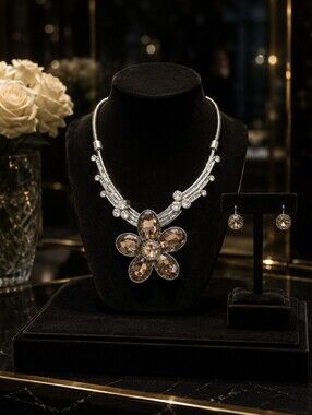 Crystal Flower Necklace and Earring Set